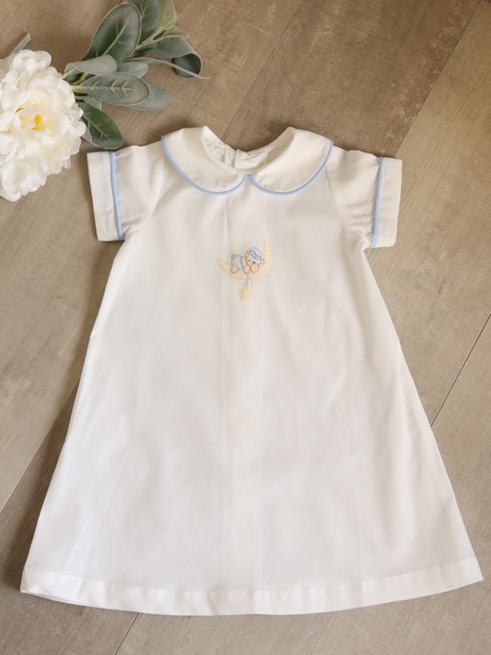 White Cotton Daygown Blue Piping Shadow Embroidery Moon Bear Coming Home NWT
